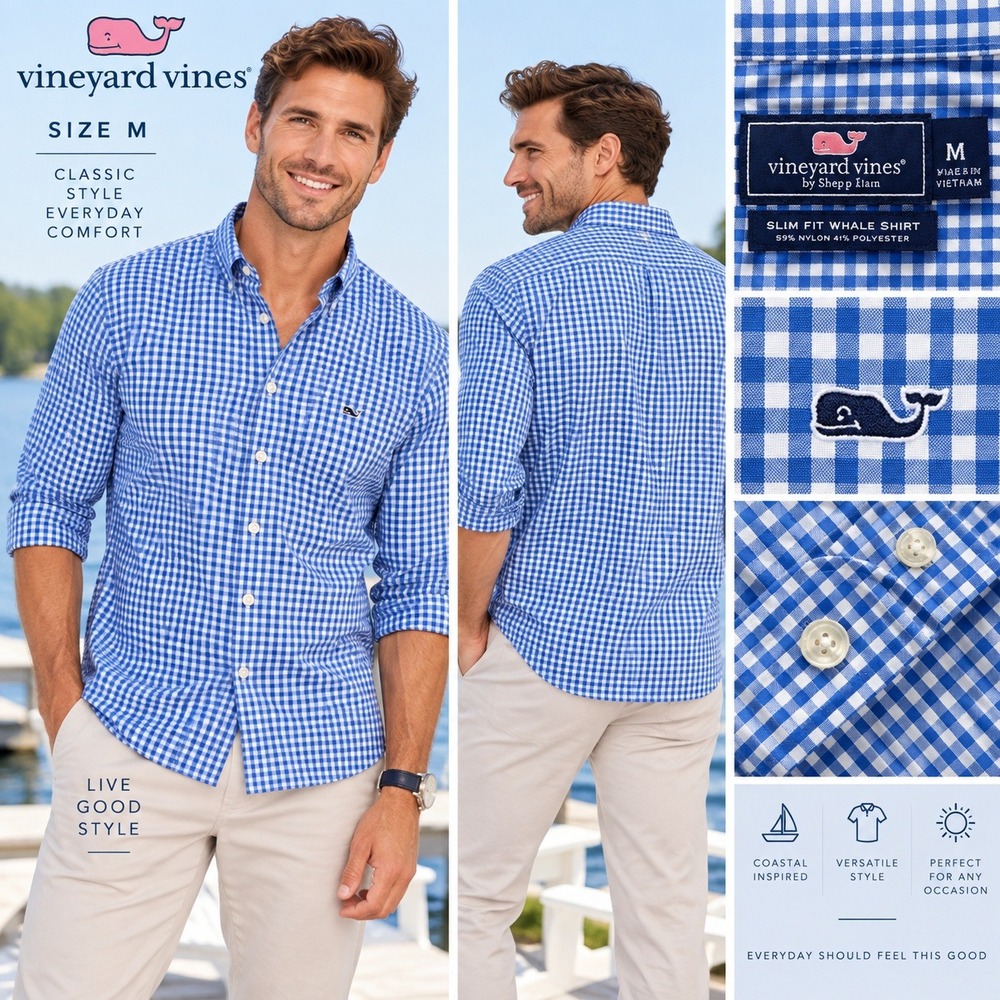 Vineyard Vines Slim Fit Whale Shirt Mens M Blue White Gingham Button Down #1889